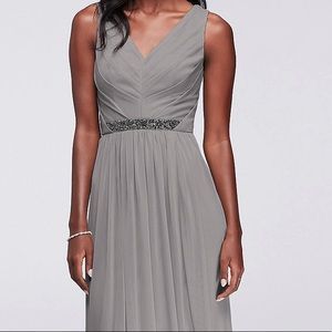 Long Mesh Dress with V-Neck and Beaded Waistband